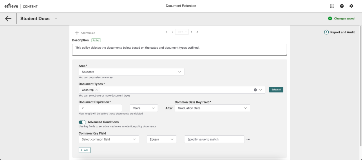 Retention policy inside of Etrieve